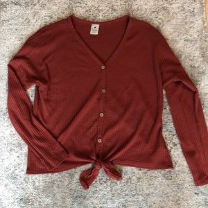 Waffle knit button down knot bottom top
